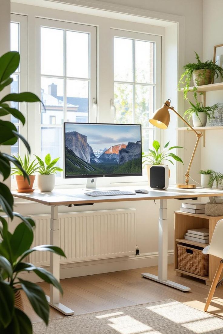 A tidy adjustable desk with a supportive chair near a bright window